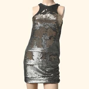 IRO Silver Metallic Sequin Mini Halter Dress with Leather Detailing